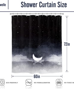 Night Starry Sky Shower Curtain With Moon Phase, Black Dark Navy Cloud Stars White Moon Sparkly Shiny