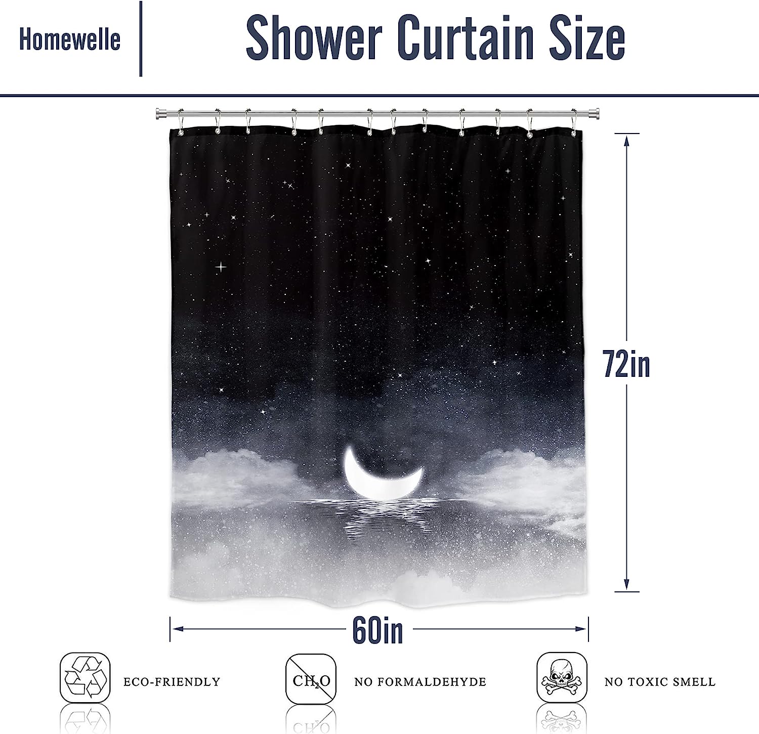 Night Starry Sky Shower Curtain With Moon Phase, Black Dark Navy Cloud Stars White Moon Sparkly Shiny