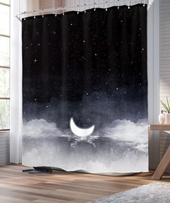 Night Starry Sky Shower Curtain With Moon Phase, Black Dark Navy Cloud Stars White Moon Sparkly Shiny