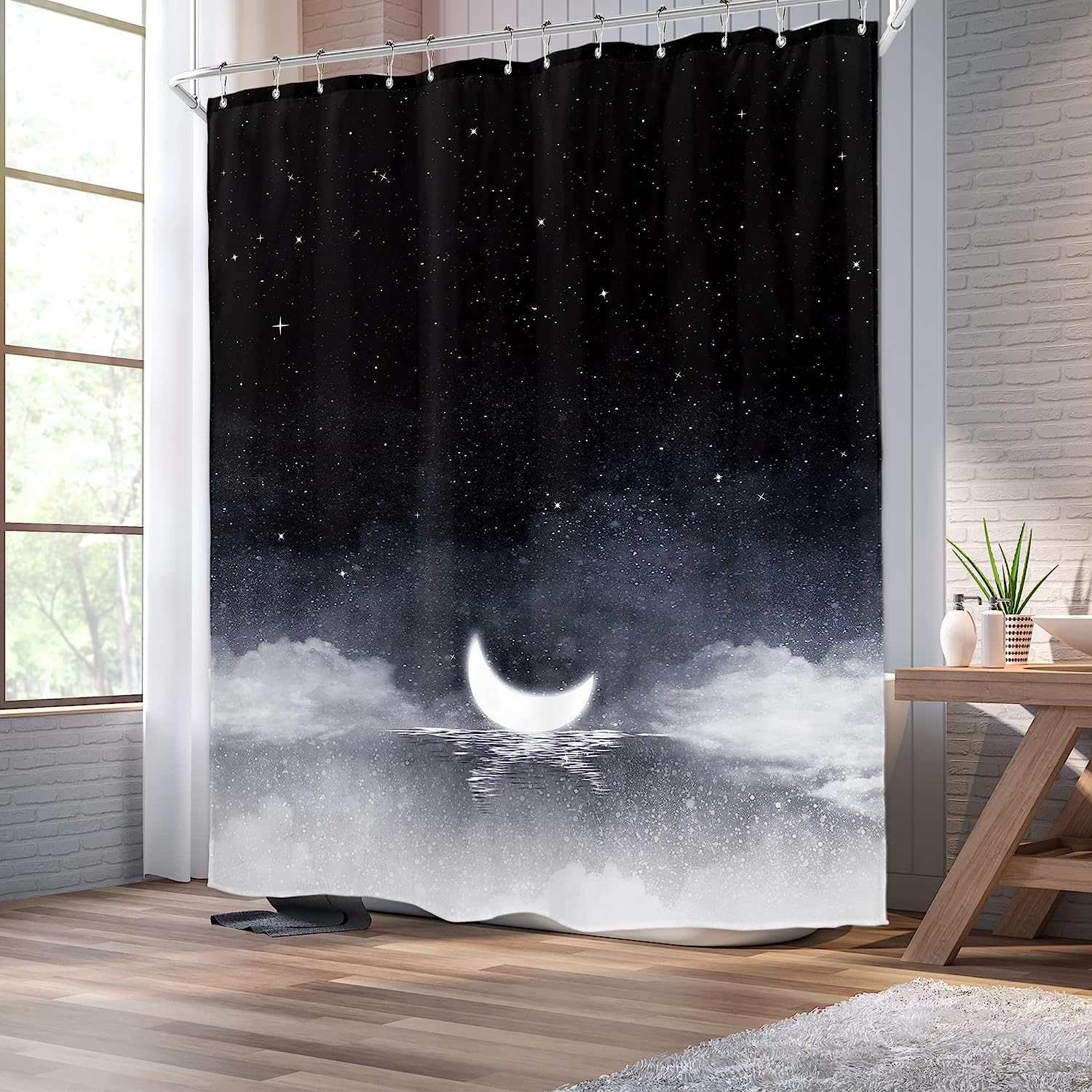 Night Starry Sky Shower Curtain With Moon Phase, Black Dark Navy Cloud Stars White Moon Sparkly Shiny