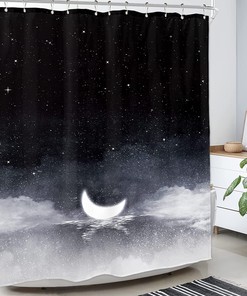 Night Starry Sky Shower Curtain With Moon Phase, Black Dark Navy Cloud Stars White Moon Sparkly Shiny