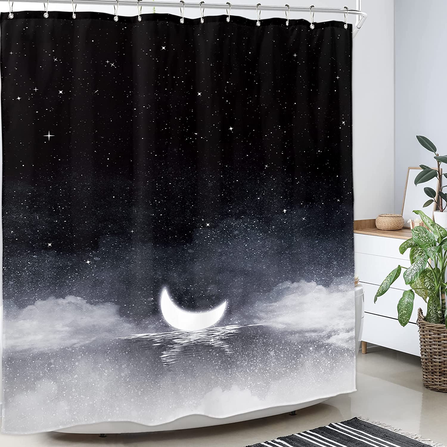 Night Starry Sky Shower Curtain With Moon Phase, Black Dark Navy Cloud Stars White Moon Sparkly Shiny