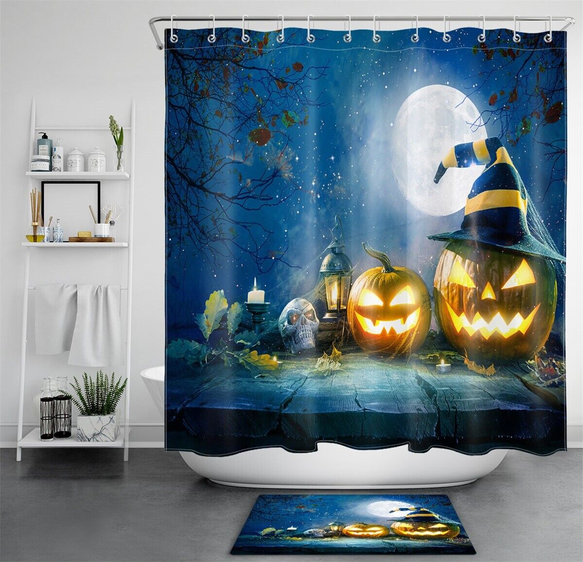 Night Witch Hat Pumpkins Halloween Shower Curtain - Fun And Festive Bathroom Decor