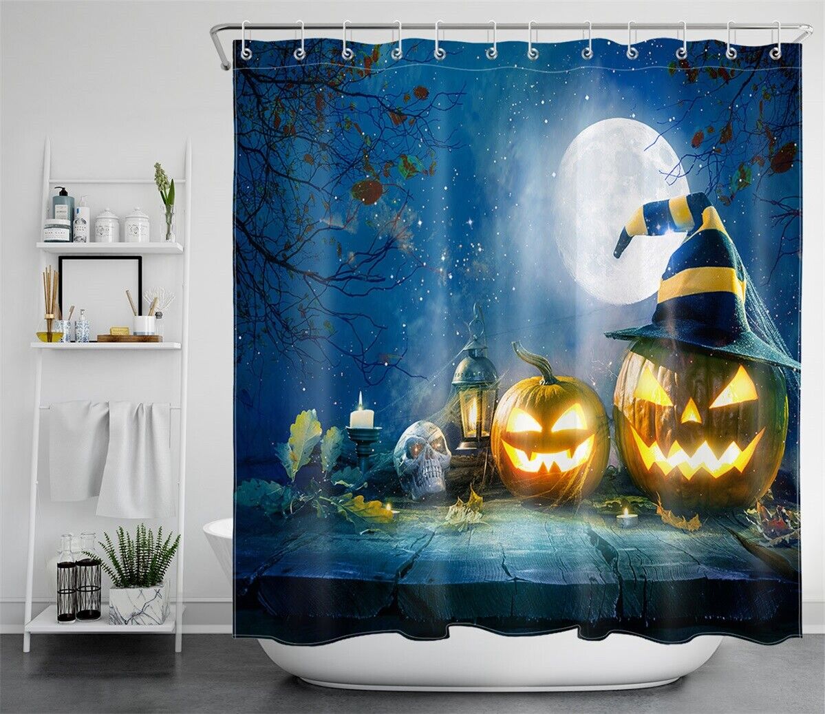 Night Witch Hat Pumpkins Halloween Shower Curtain - Fun And Festive Bathroom Decor