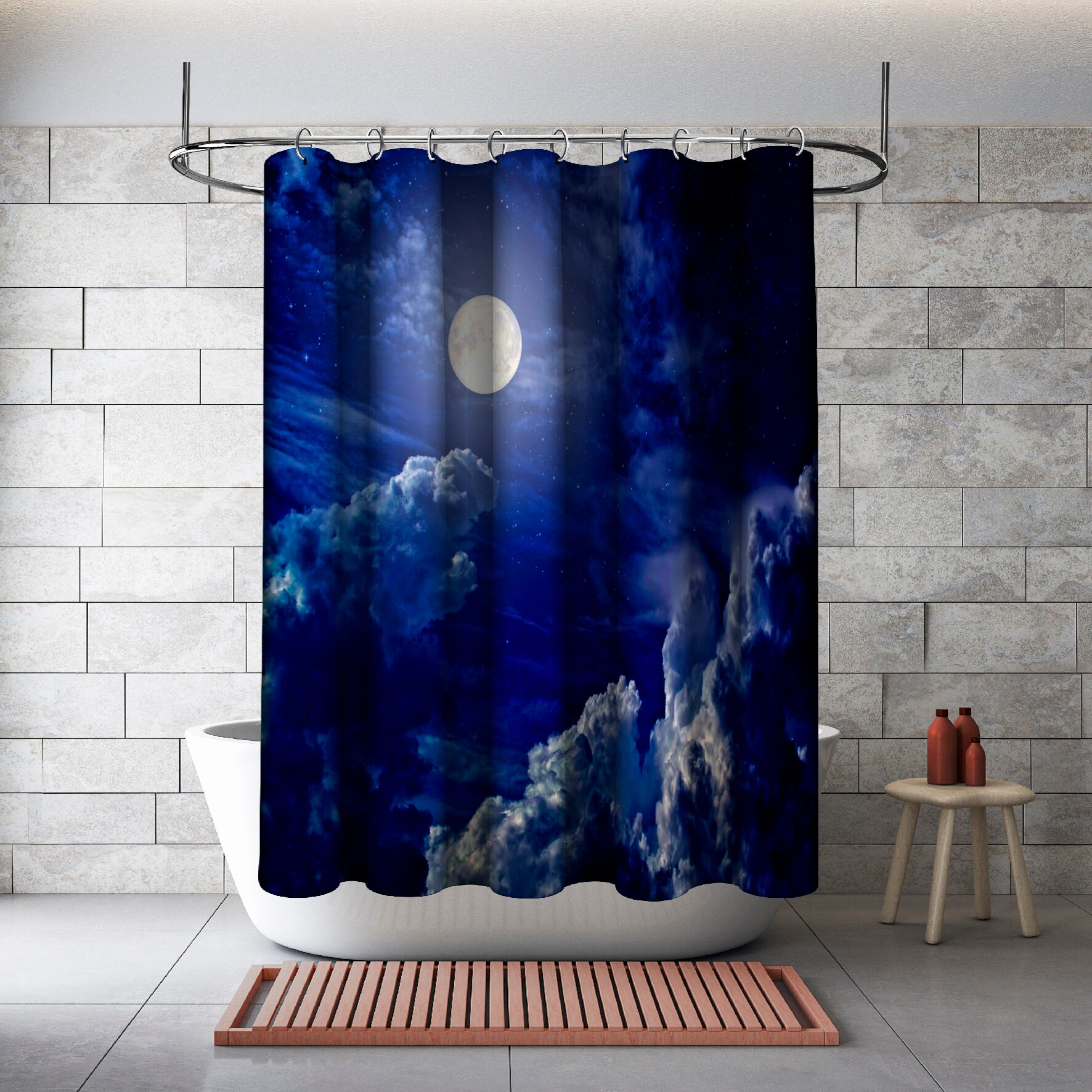 Nightscape Moon and Stars Shower Curtain - Waterproof Bathtub Bathroom Decoration