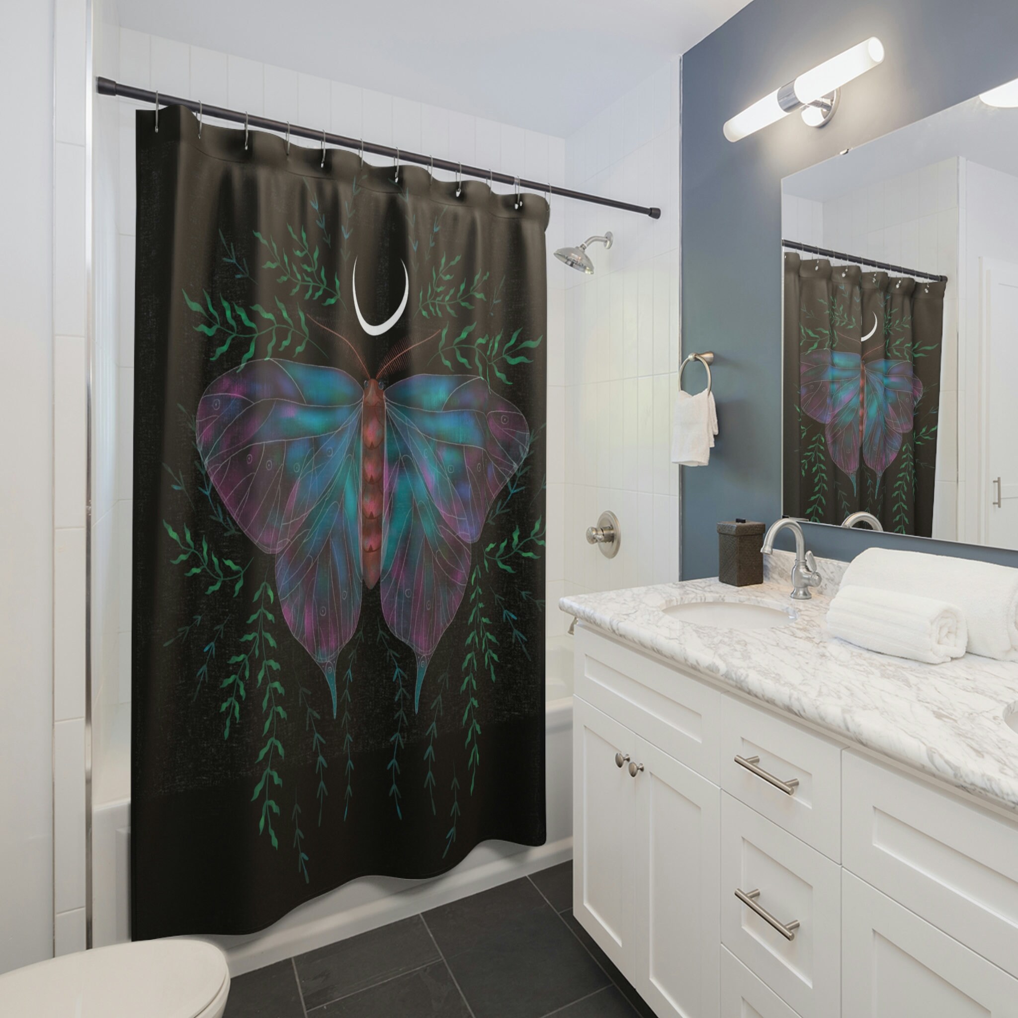 Nighttime Butterfly Shower Curtain - Dark Boho Design For Bathroom - Image 2
