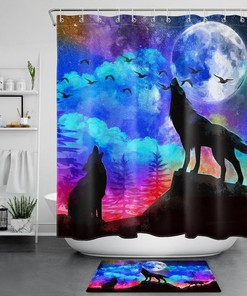 Nighttime Wildlife Shower Curtain: Roaring Wolf, Colorful Clouds, Full Moon