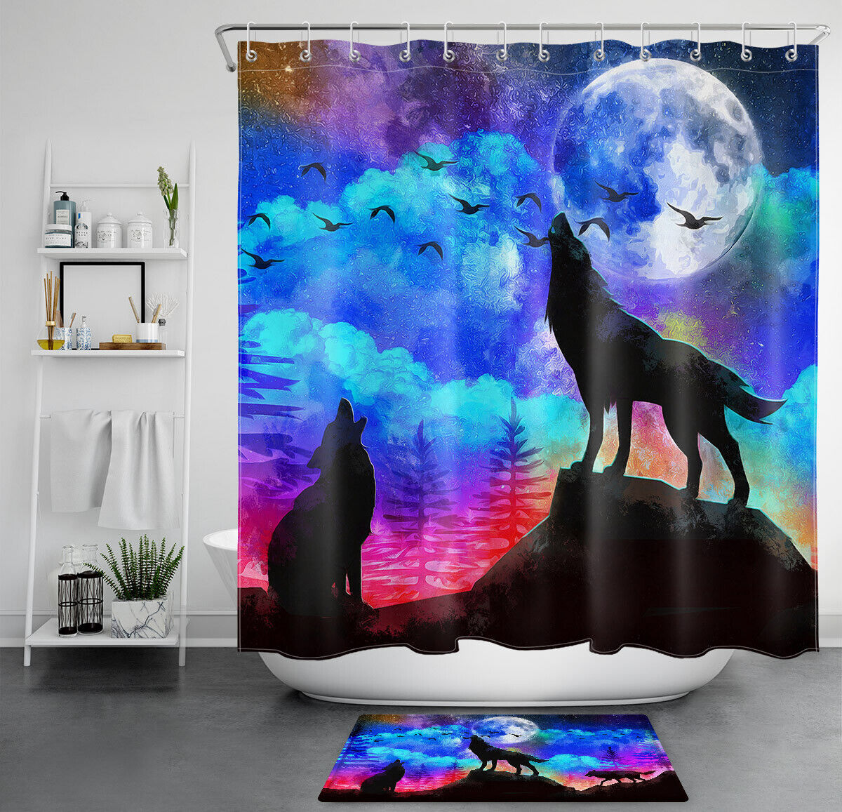 Nighttime Wildlife Shower Curtain: Roaring Wolf, Colorful Clouds, Full Moon