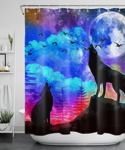 Nighttime Wildlife Shower Curtain: Roaring Wolf, Colorful Clouds, Full Moon