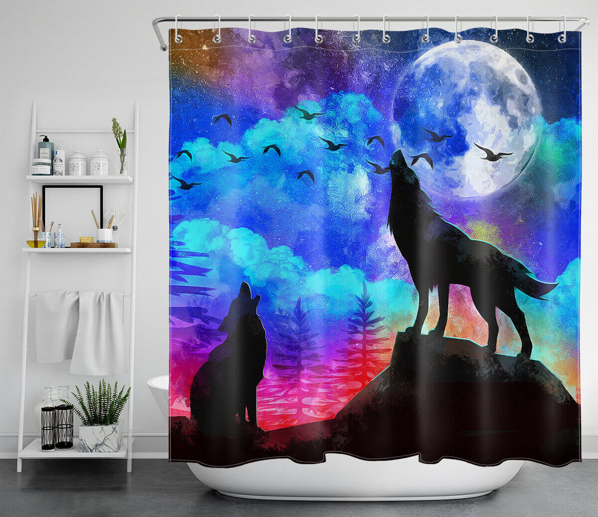Nighttime Wildlife Shower Curtain: Roaring Wolf, Colorful Clouds, Full Moon