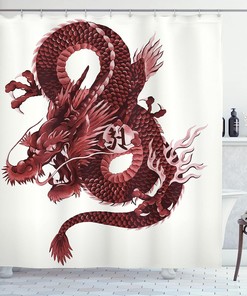 Noble Japanese Dragon Shower Curtain - Cloth Fabric Bathroom Decor In Pale Pink And Burgundy
