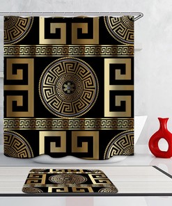 Non-Slip Gold Greek Key Geometric Black Shower Curtain for Modern Bathroom Design