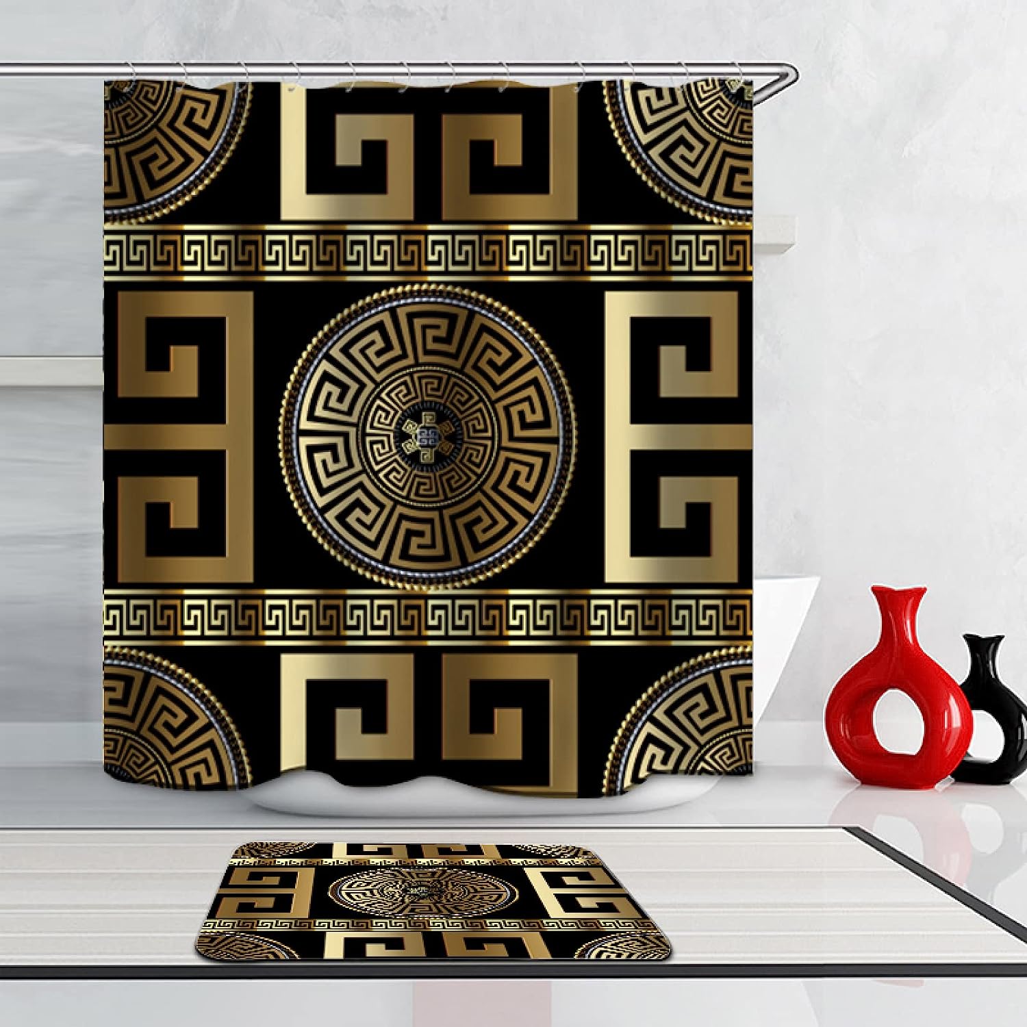 Non-Slip Gold Greek Key Geometric Black Shower Curtain for Modern Bathroom Design