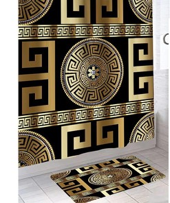 Non-Slip Gold Greek Key Geometric Black Shower Curtain for Modern Bathroom Design