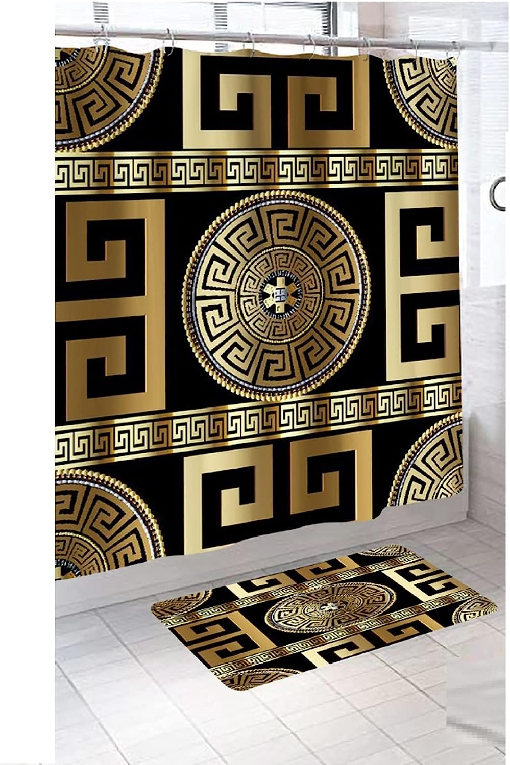 Non-Slip Gold Greek Key Geometric Black Shower Curtain for Modern Bathroom Design