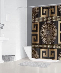 Non-Slip Gold Greek Key Geometric Black Shower Curtain for Modern Bathroom Design