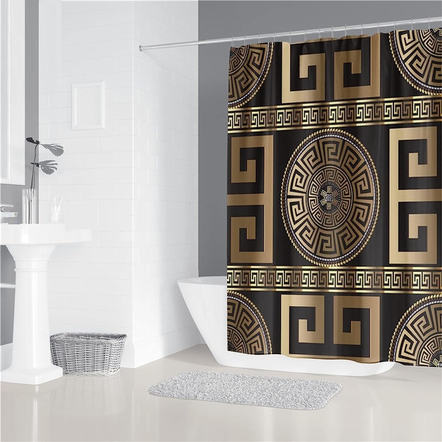 Non-Slip Gold Greek Key Geometric Black Shower Curtain for Modern Bathroom Design