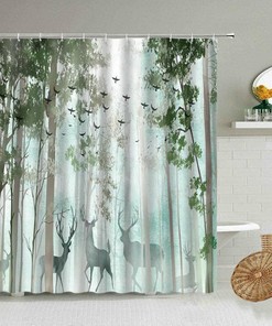 Nordic Animal Shower Curtain with Elk, Deer, Forest, and Tree Print 