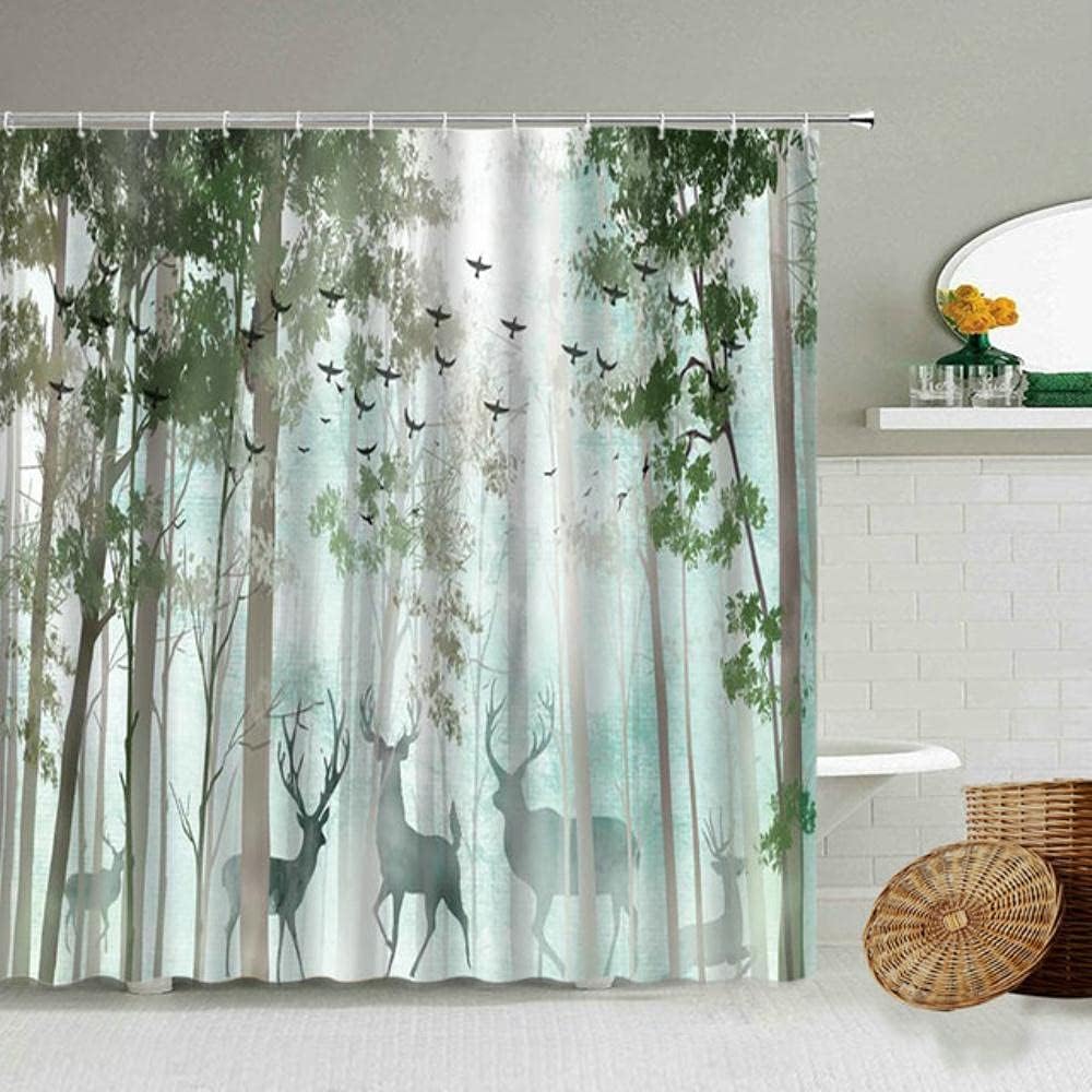 Nordic Animal Shower Curtain with Elk, Deer, Forest, and Tree Print