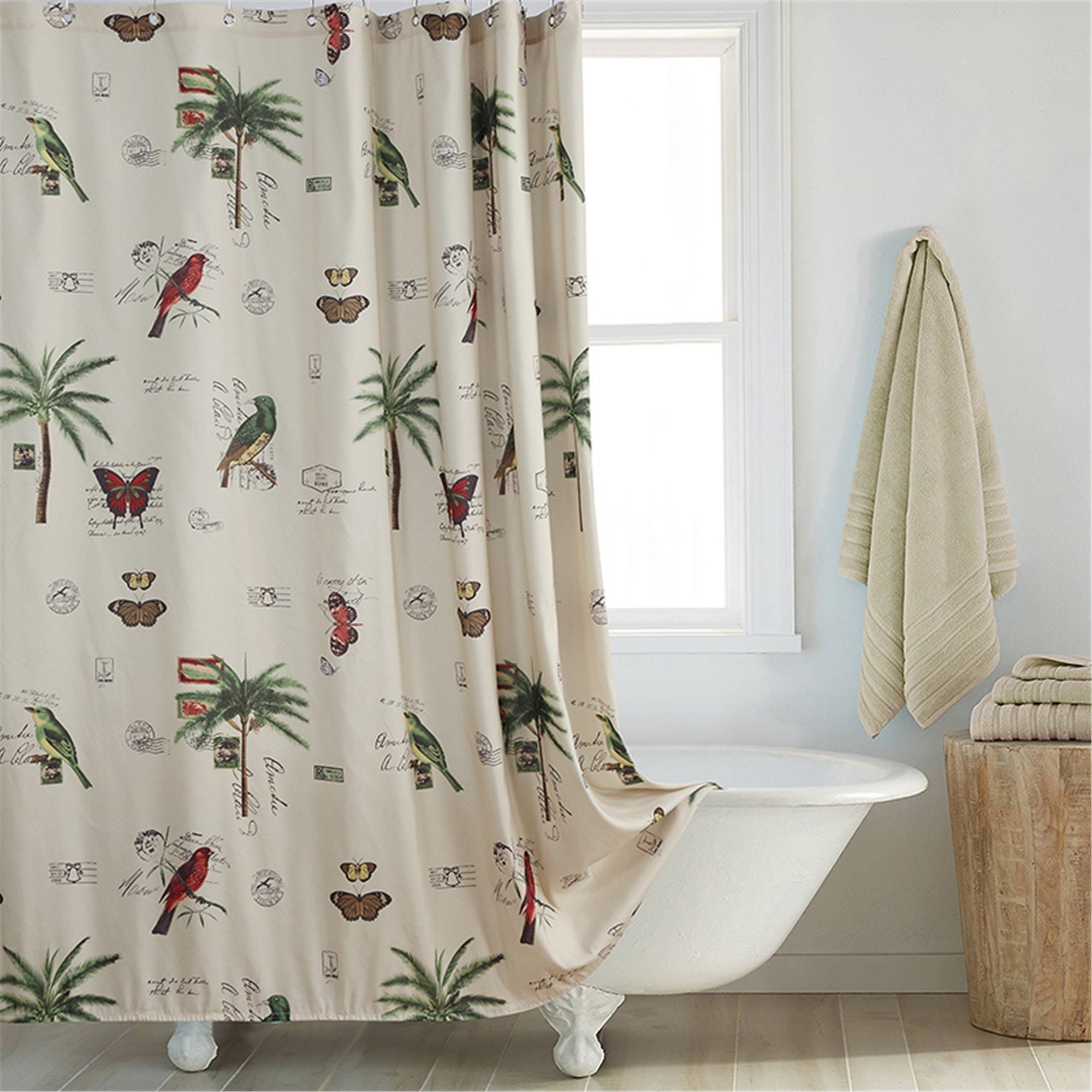 Nordic Butterfly And Bird Tree Print Shower Partition Curtain For Unique Bathroom Decor