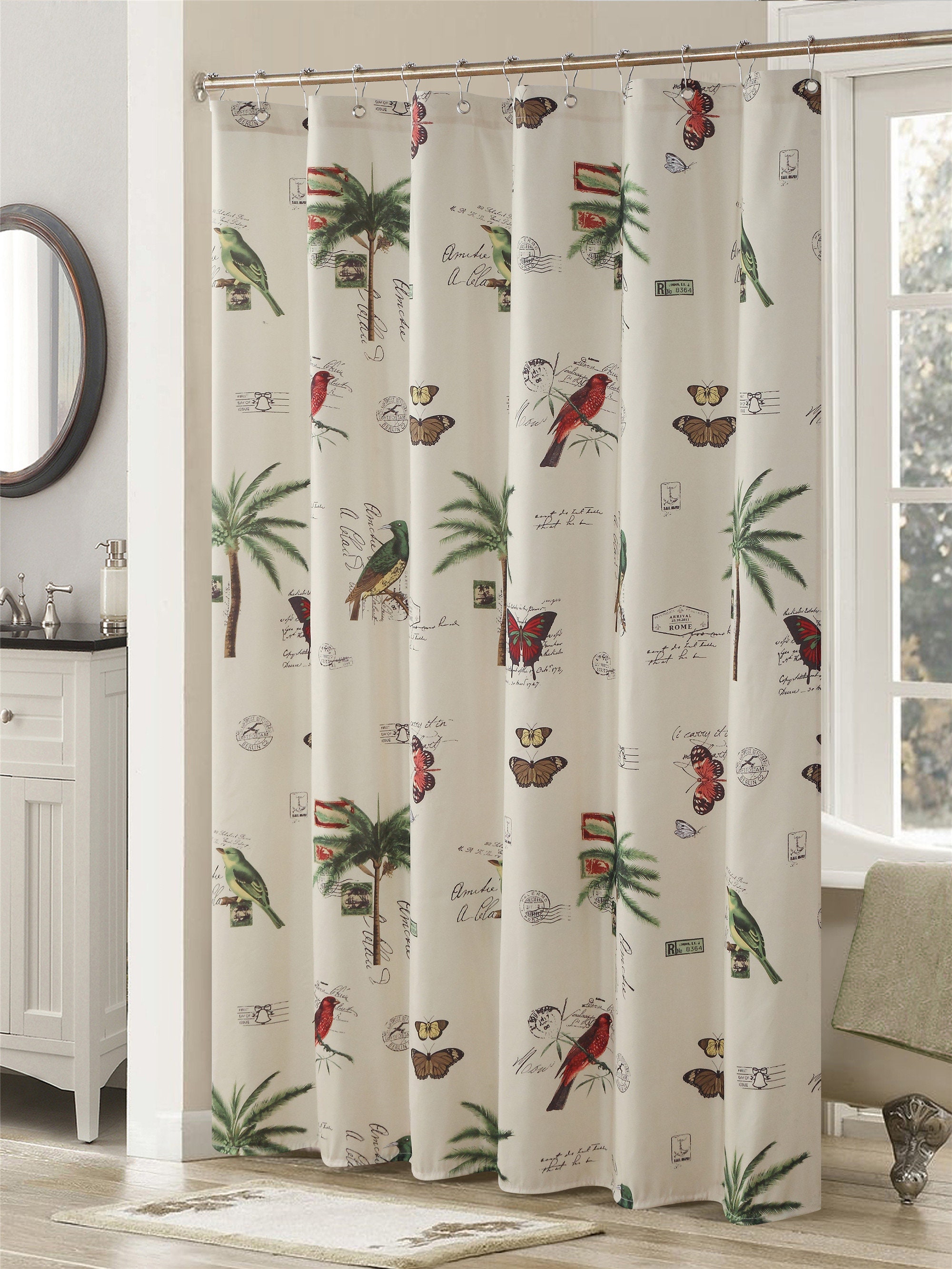 Nordic Butterfly And Bird Tree Print Shower Partition Curtain For Unique Bathroom Decor - Image 2