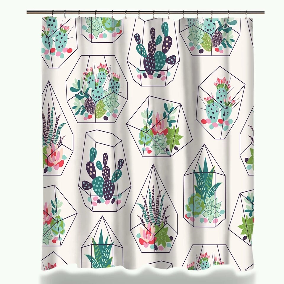 Nordic Cactus Shower Curtain, Minimalist Green Plant Bathroom Decor