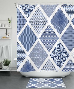 Nordic Chic Blue And White Geometric Boho Striped Shower Curtain For Bathroom Decoration.