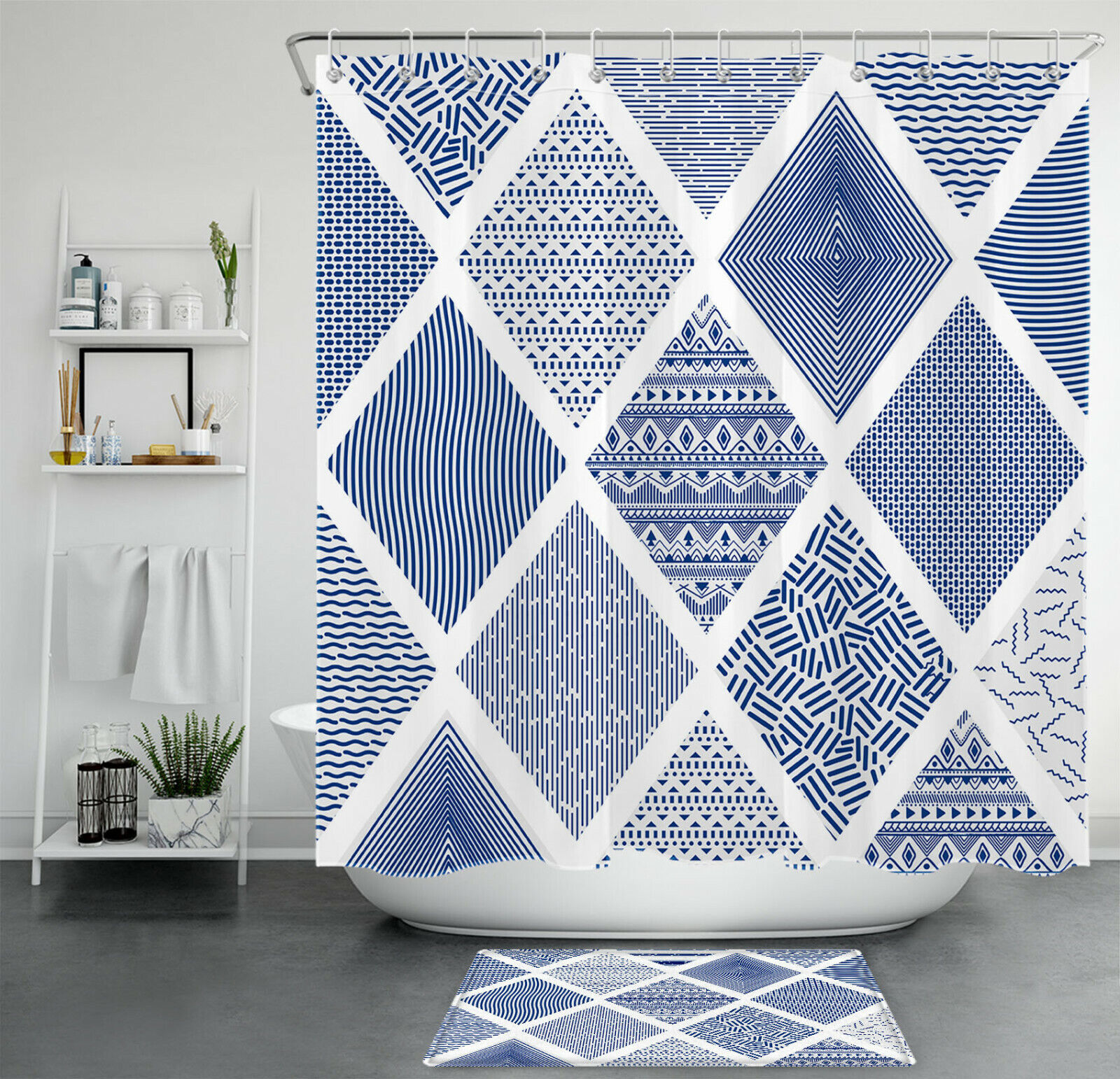 Nordic Chic Blue And White Geometric Boho Striped Shower Curtain For Bathroom Decoration.