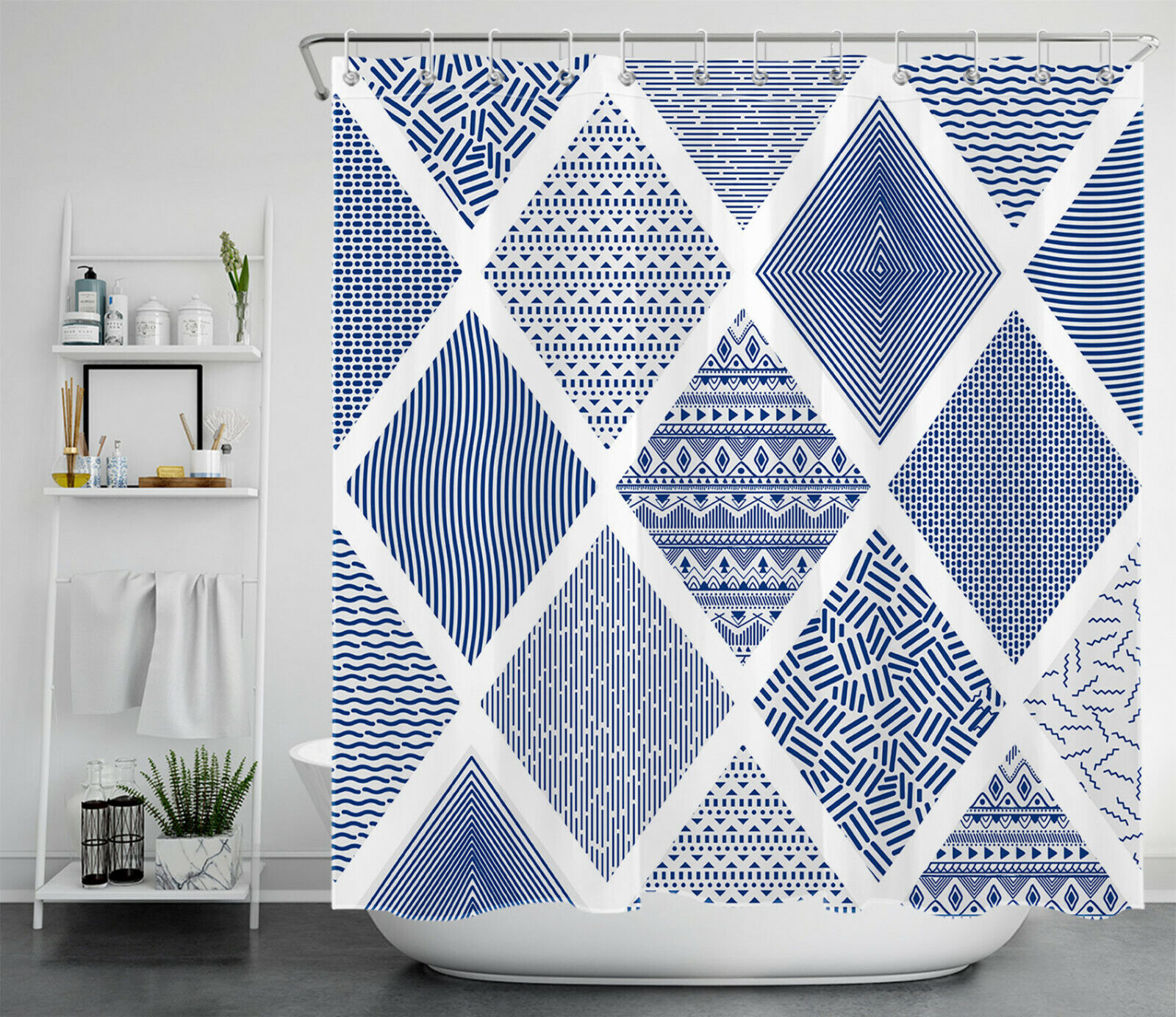 Nordic Chic Blue And White Geometric Boho Striped Shower Curtain For Bathroom Decoration. - Image 2