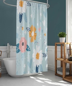 Nordic Floral Stars Shower Curtain, Botanical Scandinavian Design with Midnight Background and Fabric Bathroom Mat
