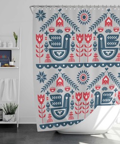 Nordic Forest Bird Shower Curtain, Linnen Bathroom Decor with Birds and Flowers
