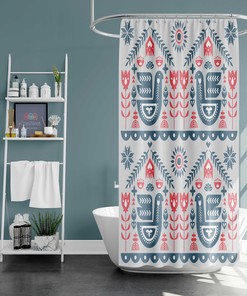 Nordic Forest Bird Shower Curtain, Linnen Bathroom Decor with Birds and Flowers