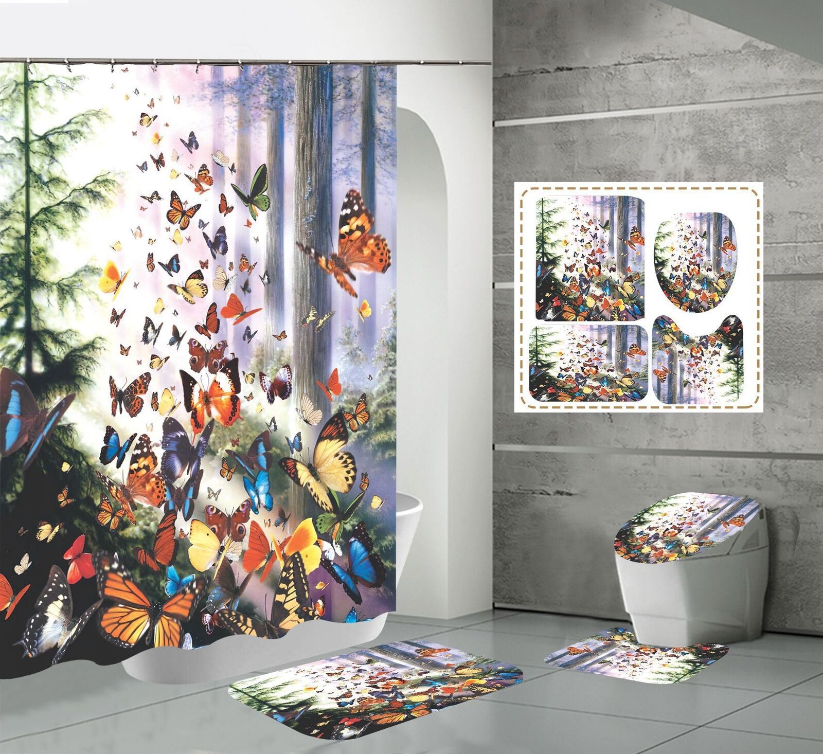 Nordic Style Butterfly Forest Tree Print Shower Curtain For Unique Bathroom Decor