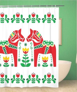 Nordic Swedish Dala Daleclarian Horse Folk Pattern Red Green Shower Curtain with Bathroom Decoration by Topyee