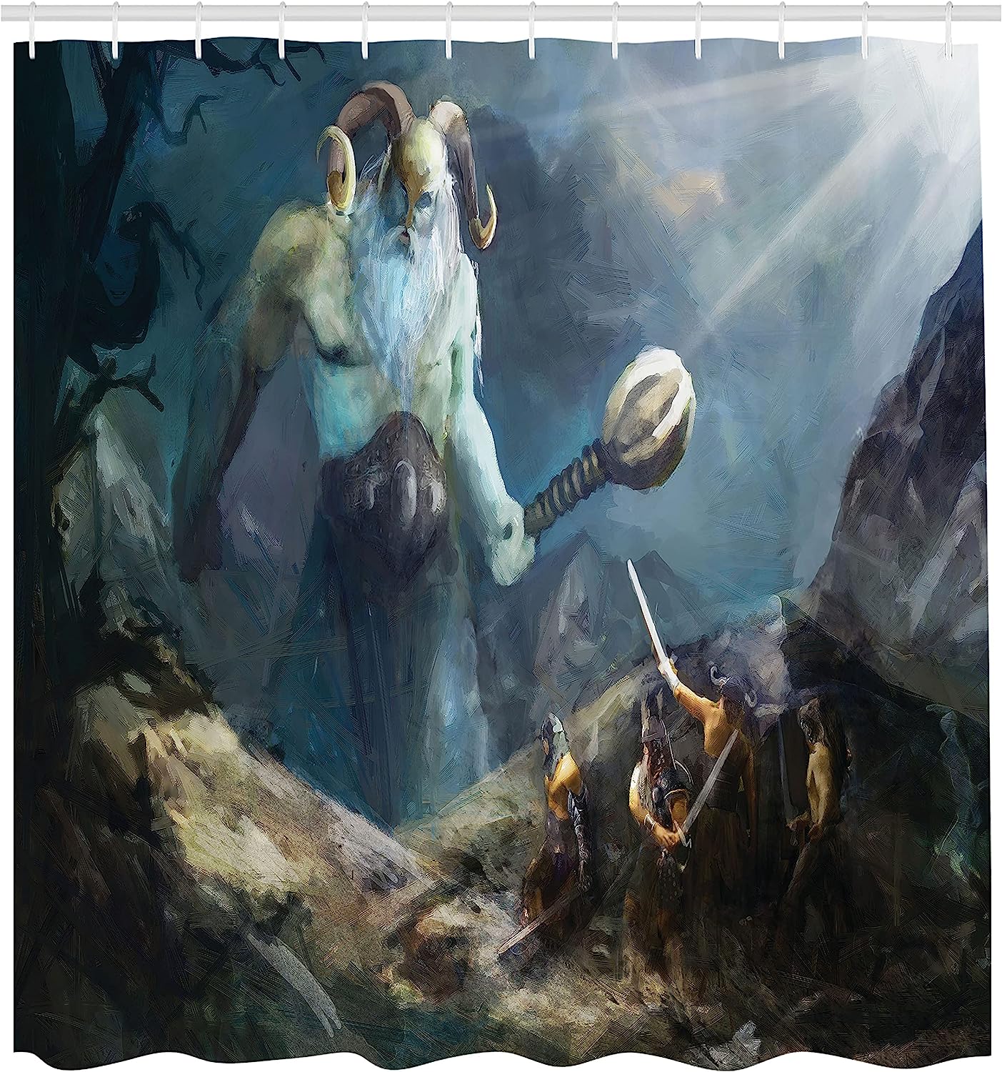 Norse Mythology Viking Heroes Shower Curtain- Watercolor Design Featuring Frost Giant Warriors- Cloth Bathroom Dcor