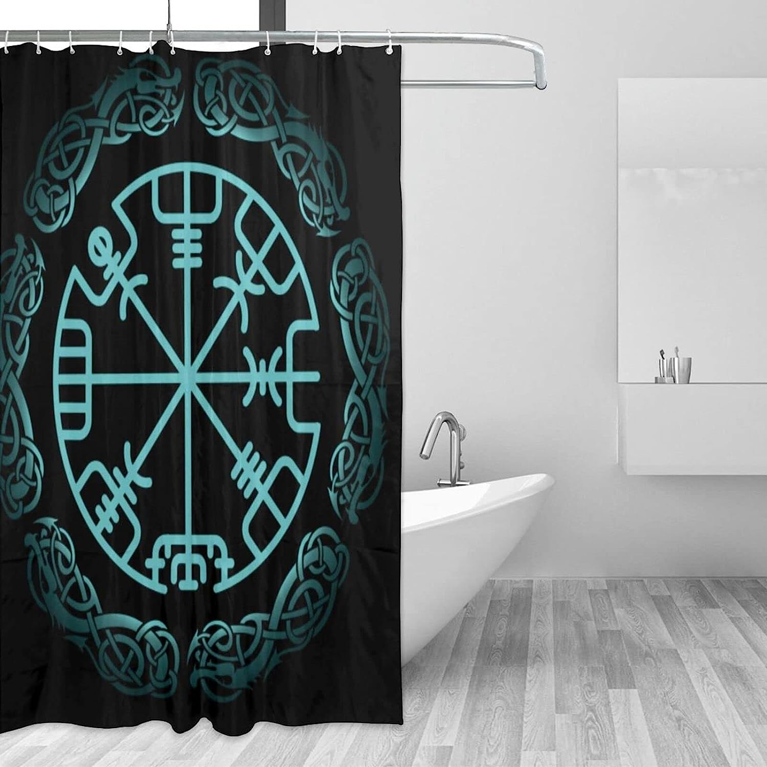 Norse Mythology Warrior Compass Print Shower Curtain - Waterproof Bath Curtain Viking Design for Home