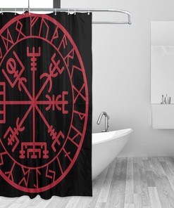 Norse Mythology Warrior Compass Print Shower Curtain - Waterproof Bath Curtain with Viking Design