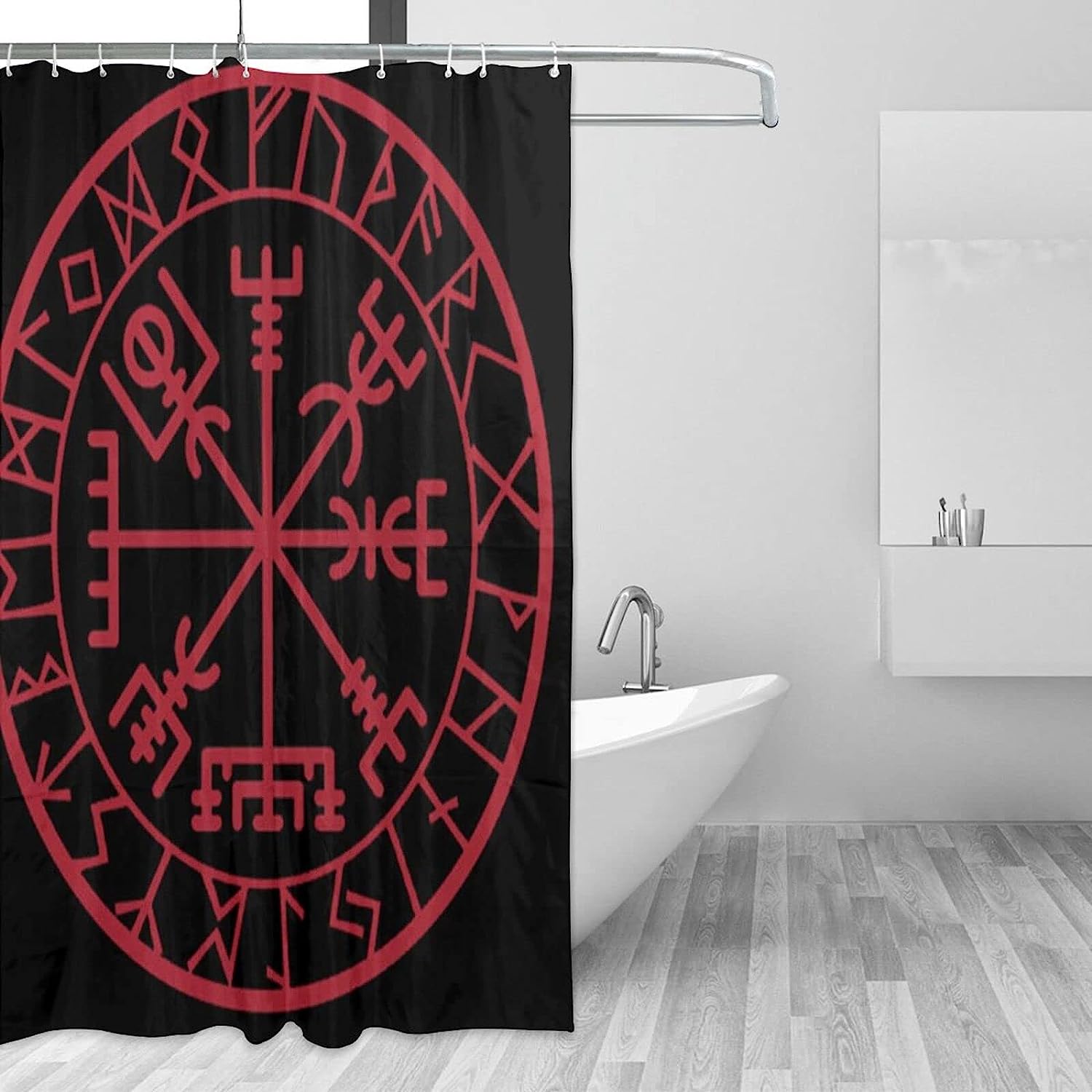 Norse Mythology Warrior Compass Print Shower Curtain - Waterproof Bath Curtain with Viking Design