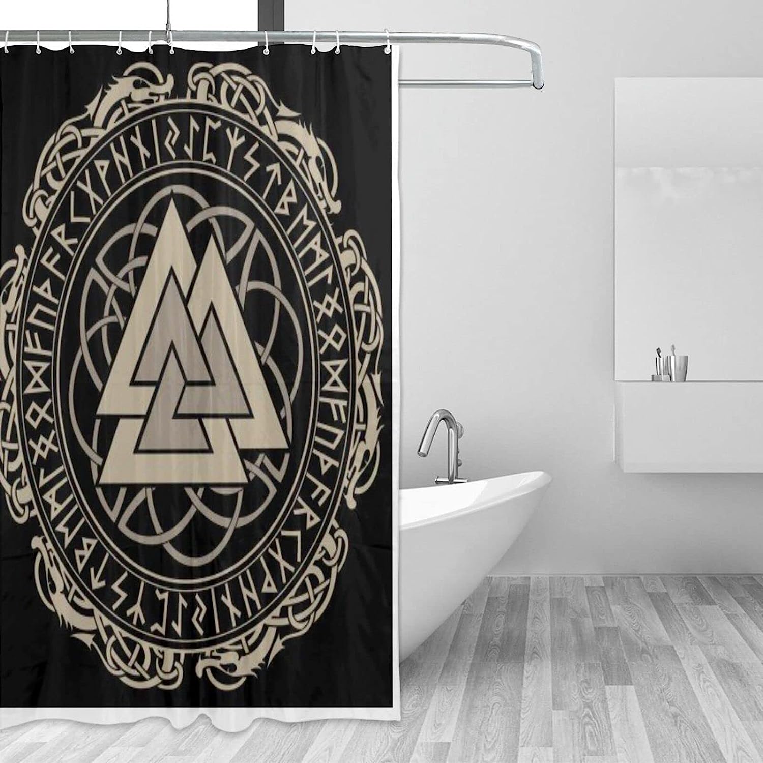 Norse Mythology Warrior Compass Print Shower Curtain - Waterproof Bath Curtain with Viking Design for Home
