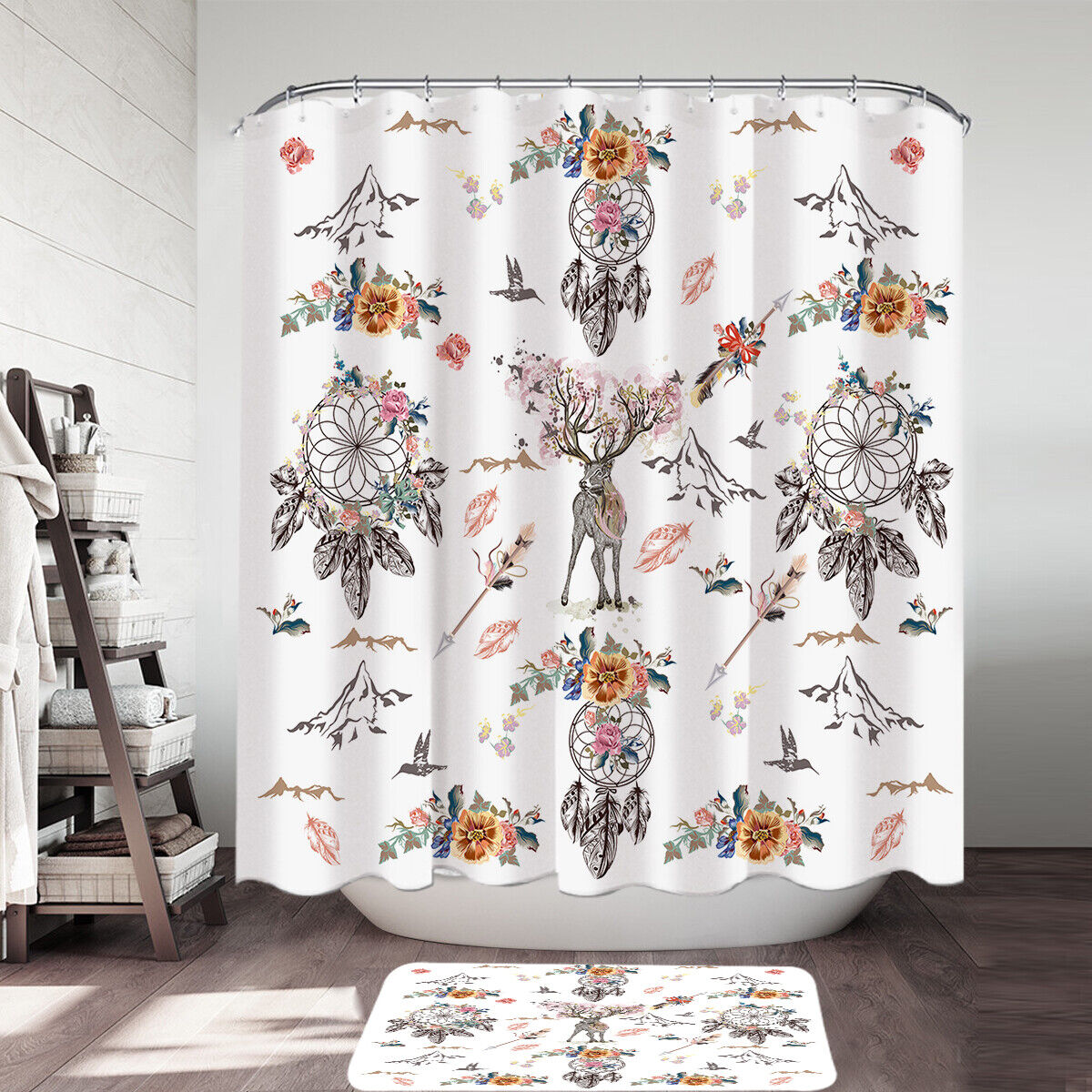 North American Floral Dreamcatcher Printed Shower Curtain: Bohemian-Themed Bath Accessory