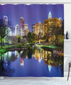 North Carolina Marshall Park Night Reflections On Lake City Shower Curtain - Fabric Bathroom Decors