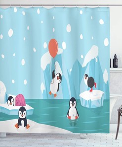 North Pole Penguin Shower Curtain, Funny Animal Characters Print, Cloth Bathroom Decor