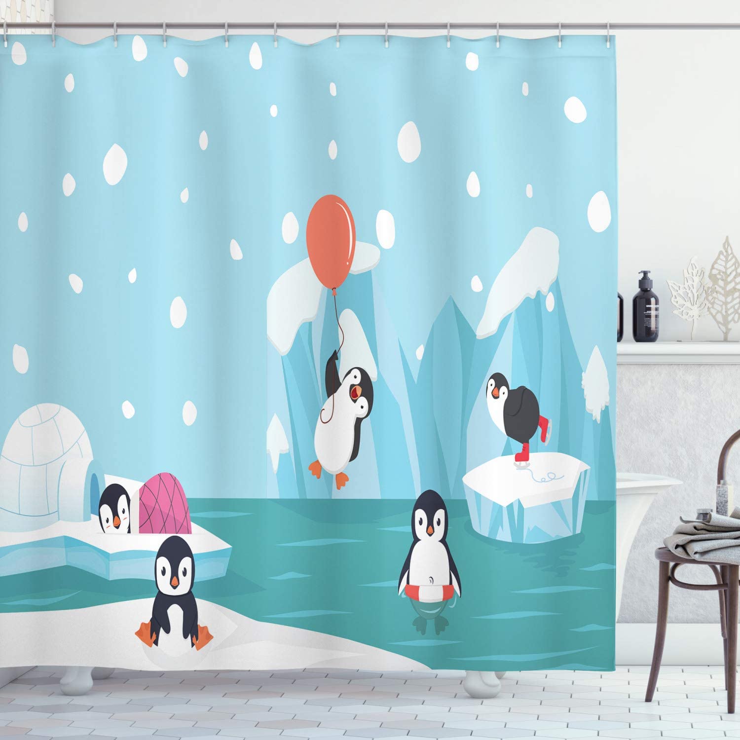 North Pole Penguin Shower Curtain, Funny Animal Characters Print, Cloth Bathroom Decor