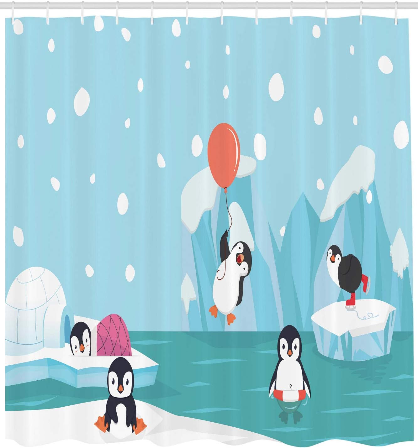North Pole Penguin Shower Curtain, Funny Animal Characters Print, Cloth Bathroom Decor - Image 2