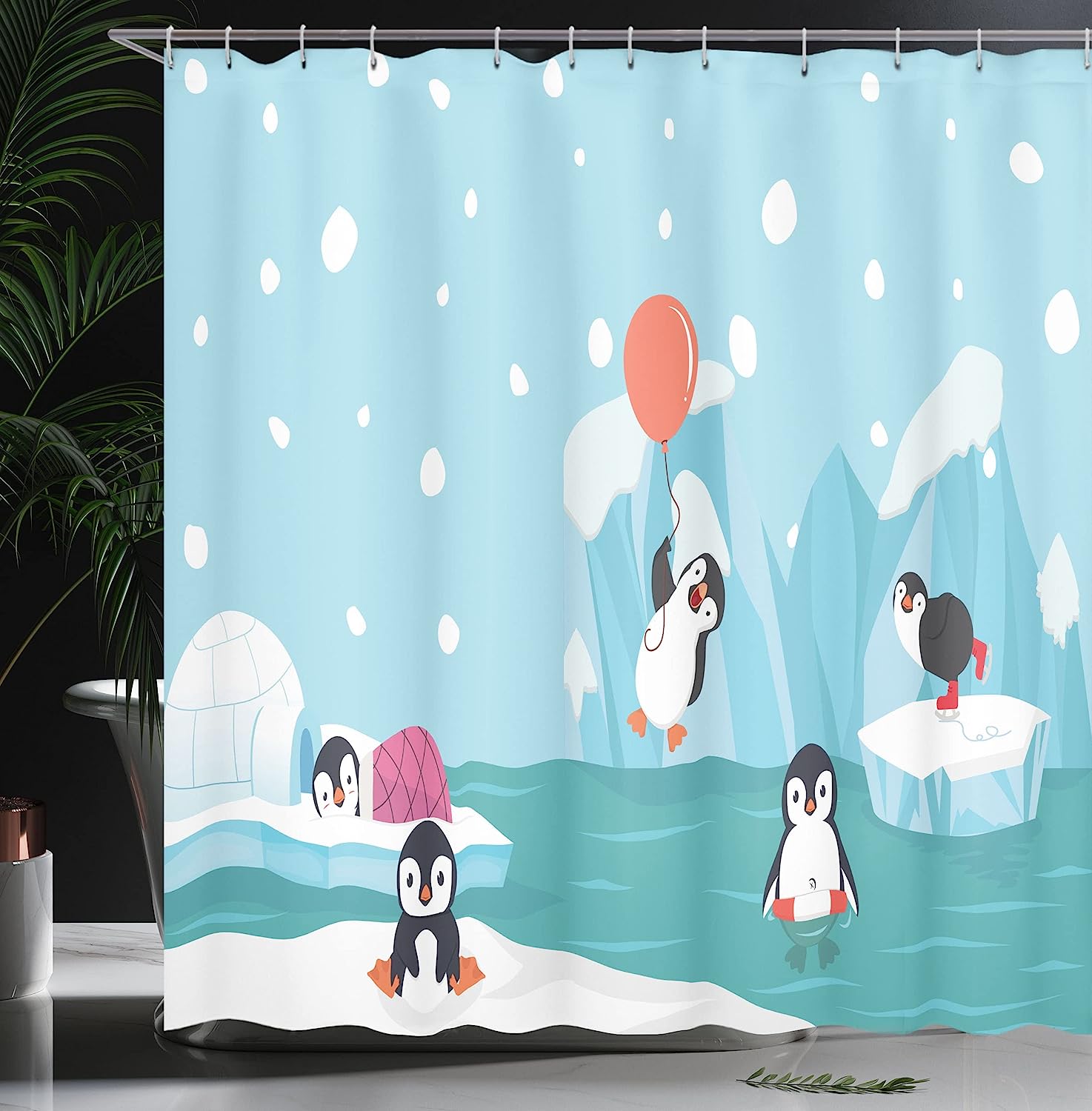 North Pole Penguin Shower Curtain, Funny Animal Characters Print, Cloth Bathroom Decor - Image 3