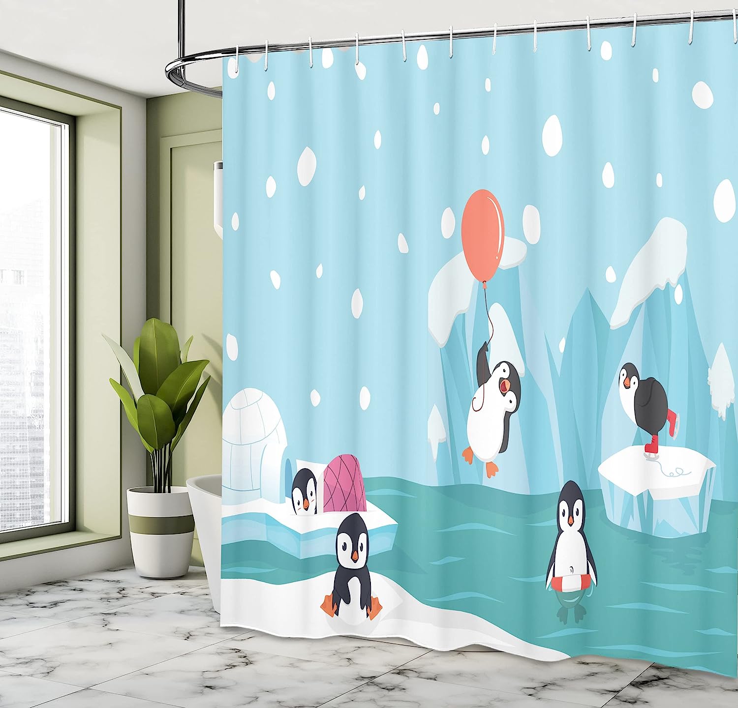 North Pole Penguin Shower Curtain, Funny Animal Characters Print, Cloth Bathroom Decor - Image 4