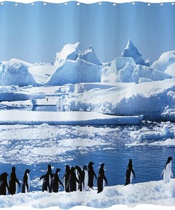 North and South Pole Penguins Shower Curtain with Ocean Glacier and Marine Organism Theme for Natural Bathroom Dcor