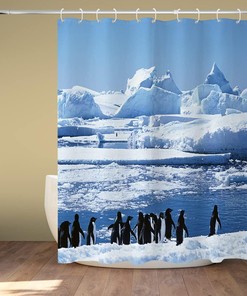 North and South Pole Penguins Shower Curtain with Ocean Glacier and Marine Organism Theme for Natural Bathroom Dcor