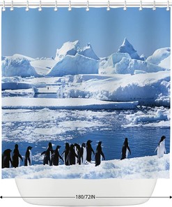 North and South Pole Penguins Shower Curtain with Ocean Glacier and Marine Organism Theme for Natural Bathroom Dcor