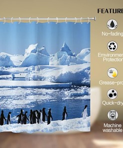 North and South Pole Penguins Shower Curtain with Ocean Glacier and Marine Organism Theme for Natural Bathroom Dcor